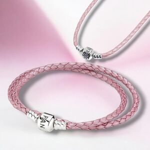 Pandora Double Shimmering Pink Leather Bracelet With Sterling Silver Logo Clasp